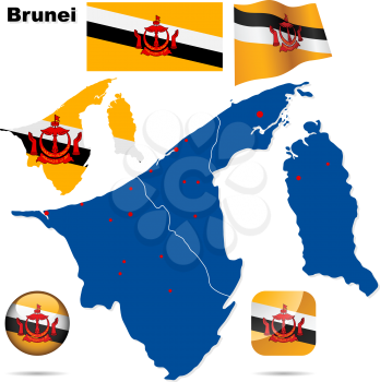 Brunei vector set. Detailed country shape, region borders, flags and icons isolated on white background.