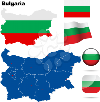 Bulgaria  vector set. Detailed country shape with region borders, flags and icons isolated on white background.