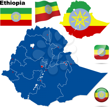 Ethiopia vector set. Detailed country shape with region borders, flags and icons isolated on white background.