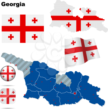 Georgia vector set. Detailed country shape with region borders, flags and icons isolated on white background.