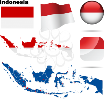Indonesia vector set. Detailed country shape with region borders, flags and icons isolated on white background.