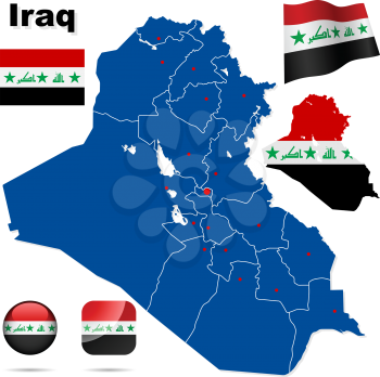 Iraq  vector set. Detailed country shape with region borders, flags and icons isolated on white background.