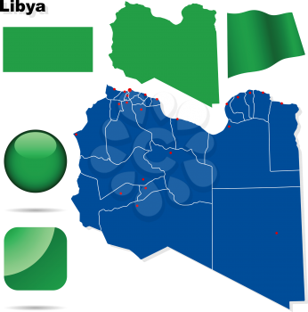 Libya vector set. Detailed country shape with region borders, flags and icons isolated on white background.