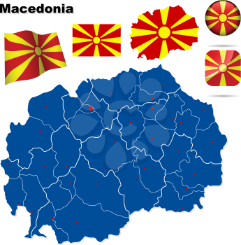 Macedonia vector set. Detailed country shape with region borders, flags and icons isolated on white background.