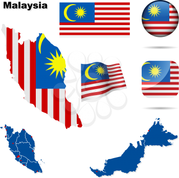Malaysia vector set. Detailed country shape with region borders, flags and icons isolated on white background.