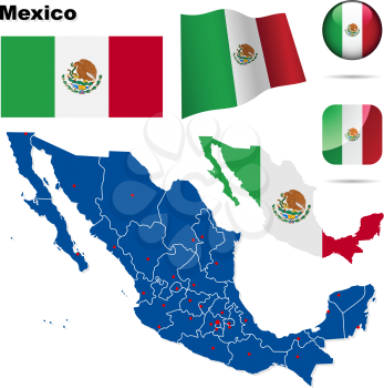 Mexico vector set. Detailed country shape with region borders, flags and icons isolated on white background.