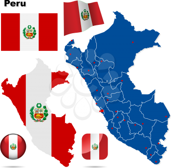 Peru vector set. Detailed country shape with region borders, flags and icons isolated on white background.