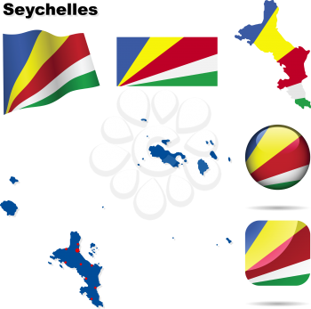 Seychelles vector set. Detailed country shape with region borders, flags and icons isolated on white background.
