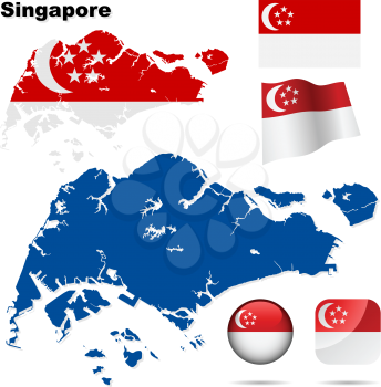 Singapore vector set. Detailed country shape with region borders, flags and icons isolated on white background.