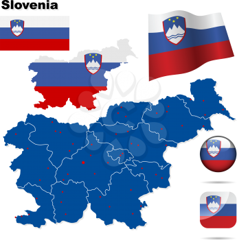 Slovenia  vector set. Detailed country shape with region borders, flags and icons isolated on white background.