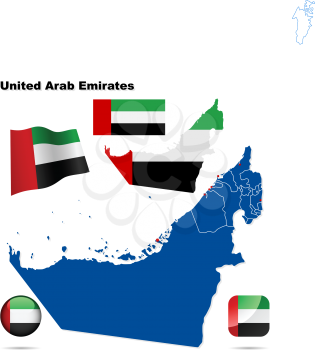 United Arab Emirates vector set. Detailed country shape with region borders, flags and icons isolated on white background.