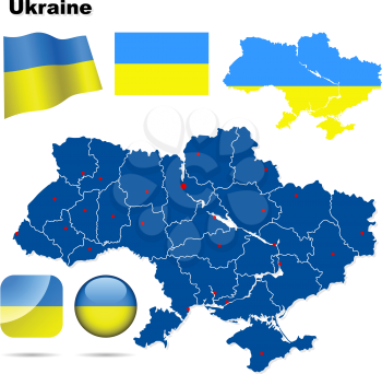 Ukraine vector set. Detailed country shape with region borders, flags and icons isolated on white background.