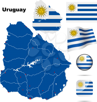 Uruguay vector set. Detailed country shape with region borders, flags and icons isolated on white background.