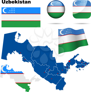 Uzbekistan vector set. Detailed country shape with region borders, flags and icons isolated on white background.