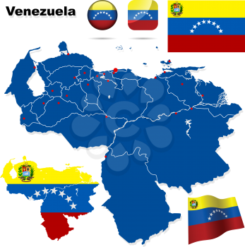 Venezuela vector set. Detailed country shape with region borders, flags and icons isolated on white background.