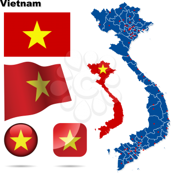 Vietnam vector set. Detailed country shape with region borders, flags and icons isolated on white background.