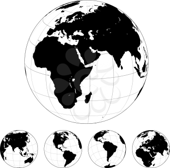 Black and white vector Earth globes isolated on white.