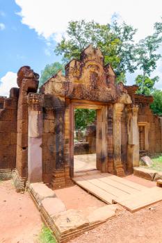 Banteay Srei Temple entrance in sunny day, Siem Reap, Cambodia.