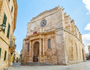 Old Santa Maria Cathedral at Ciutadella, Menorca island, Spain. It was being built between 1300 and 1362. The main facade in neo-classic style was constructed in 1813.