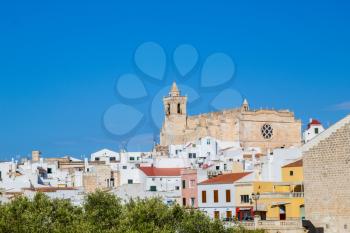 Cityscape of  Ciutadella old town with old cathedral domination, Menorca, Spain. The Cathedral was built in the Catalan Gothic style in 1300-1362, Menorca, Spain.