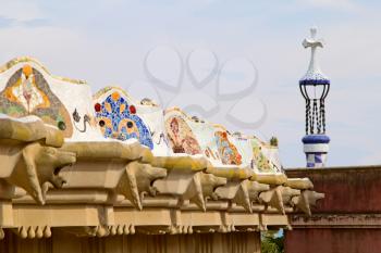 Barcelona's Park Guell serpentine bench mosaic back. Spain.
