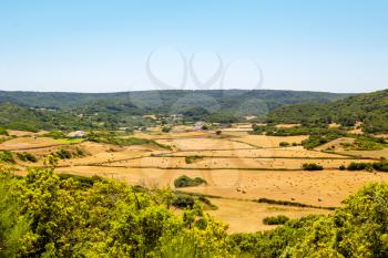 Menorca island landcape with farmland and green hills in sunny day, Spain.