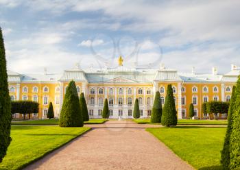 The Peterhof Grand Palace facade in Saint-Petersburg, Russia. It was built in 1714 as a country residence of Peter The Great.