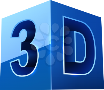 Blue cubic 3D video format sign isolated on white background.