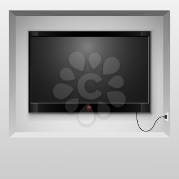 Modern TV hanging in wall niche vector illustration.