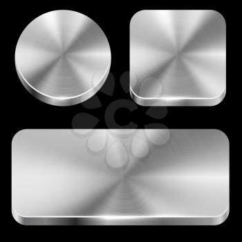 Blank brushed metal buttons isolated on black background vector template.