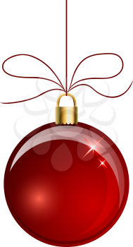 Red Christmas ball hanging on the string isolated on white background.