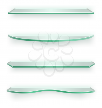 3D glass shelves of different shapes isolated on white background.