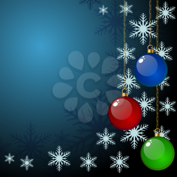 Christmas vector card with hanging baubles and snowflake shapes.