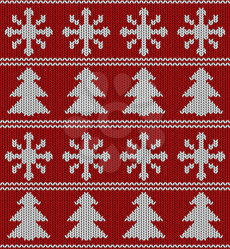 Seamless red and white knitted vector pattern with snowflake and Christmas tree shapes.