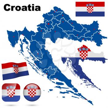 Croatia vector set. Detailed country shape with region borders, flags and icons isolated on white background.