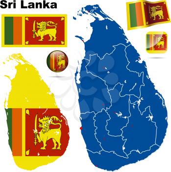 Sri Lanka vector set. Detailed country shape with region borders, flags and icons isolated on white background.