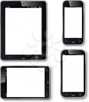 Mobile phones and tablets with blank screen realistic vector template.