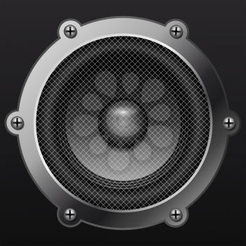 Sound speaker isolates on black background realistic vector illustration.