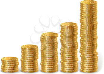 Raising stacks of golden coins isolated on white background.