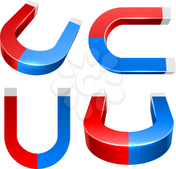 3D red and blue magnet vector illustration isolated on white background.