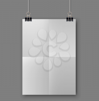 Blank folded white sheet of paper hanging on binder clips vector template.