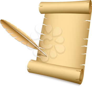 Ancient scroll and writing feather vector illustration with copy space.