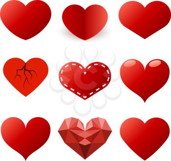 Red hearts shapes vector set isolated on white background.