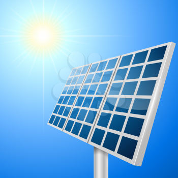 Solar panel vector illustration with bright sun background.