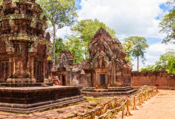 Banteay Srei Temple ancient ruins in sunny day, Siem Reap, Cambodia.
