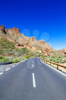 Teide national park road in sunny day, Tenerife island, Spain.