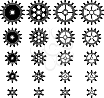 Gear wheels shapes of different sizes vector shapes isolated on white background.
