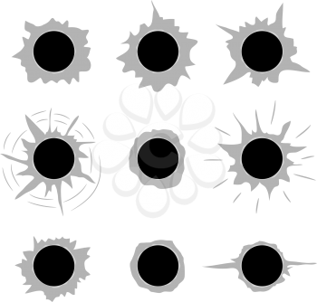 Bullet holes set flat vector template. 