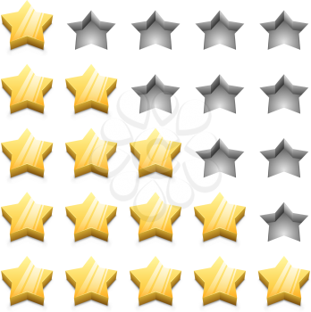 3D yellow ranking stars vector template isolated on white background.