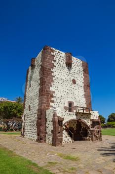 Tower Torre Del Conde (The Count's Tower) In San Sebastian at La Gomera Island, Canary islands, Spain. The oldest military fort in the Canaries built in 1450 and Christopher Columbus' last port of cal